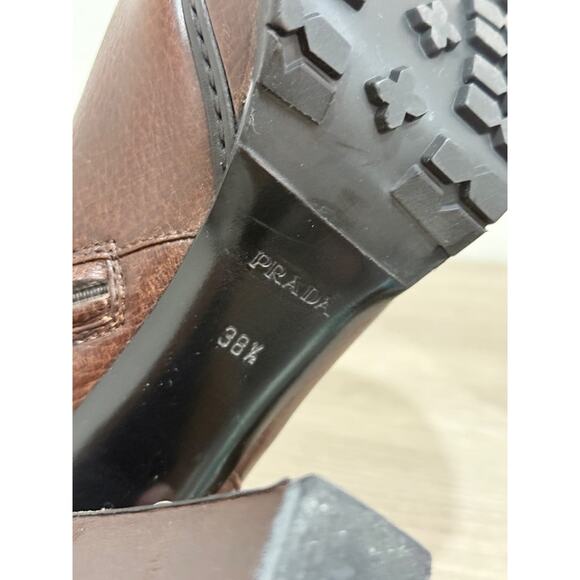 Prada Leather Block Heel Pull On Platform Ankle Booties Brown Women Size EU 38.5 - Picture 6 of 7